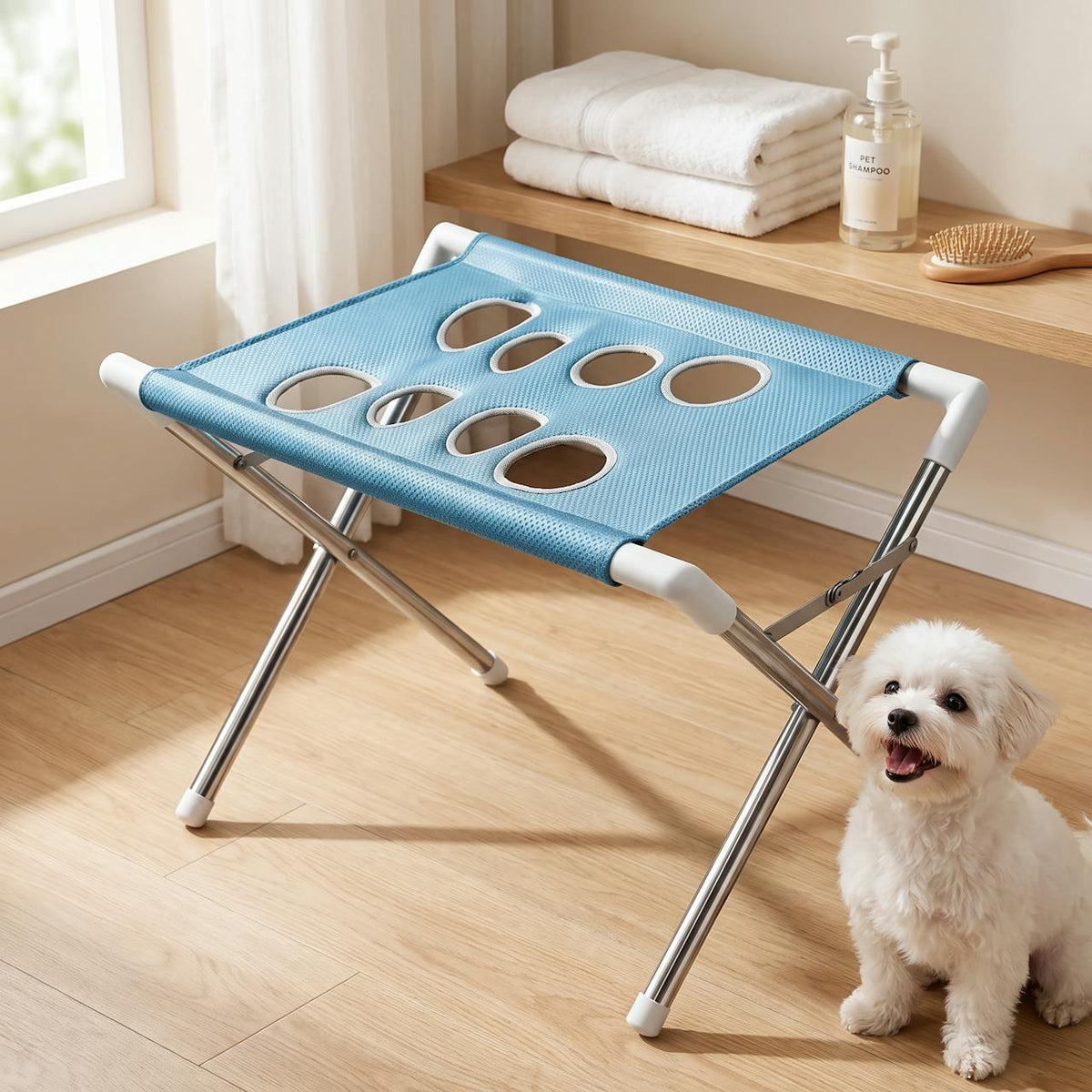 Pet bath stand in a laundry room with a small dog