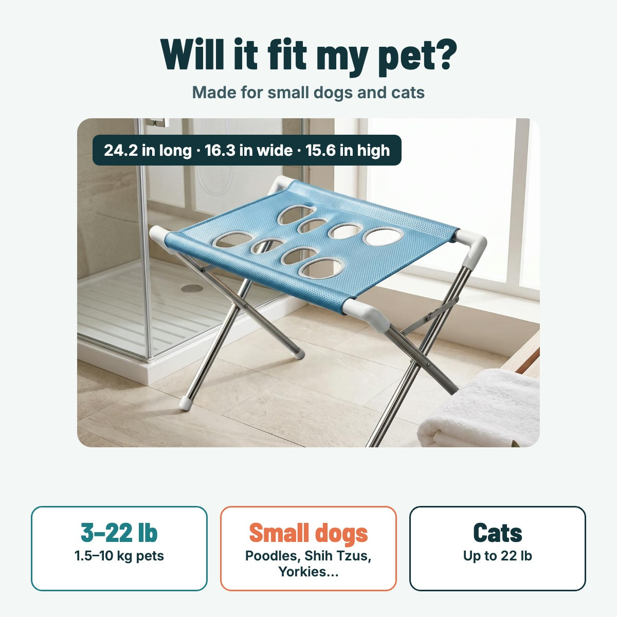 Pet bath stand size guide: fits small dogs and cats 3 to 22 lb