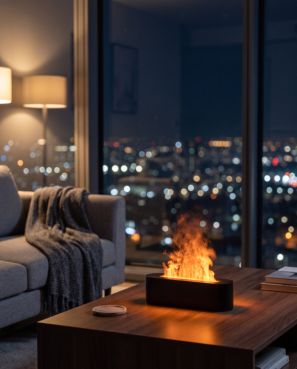 Flame diffuser glowing on a windowsill with a city view at night
