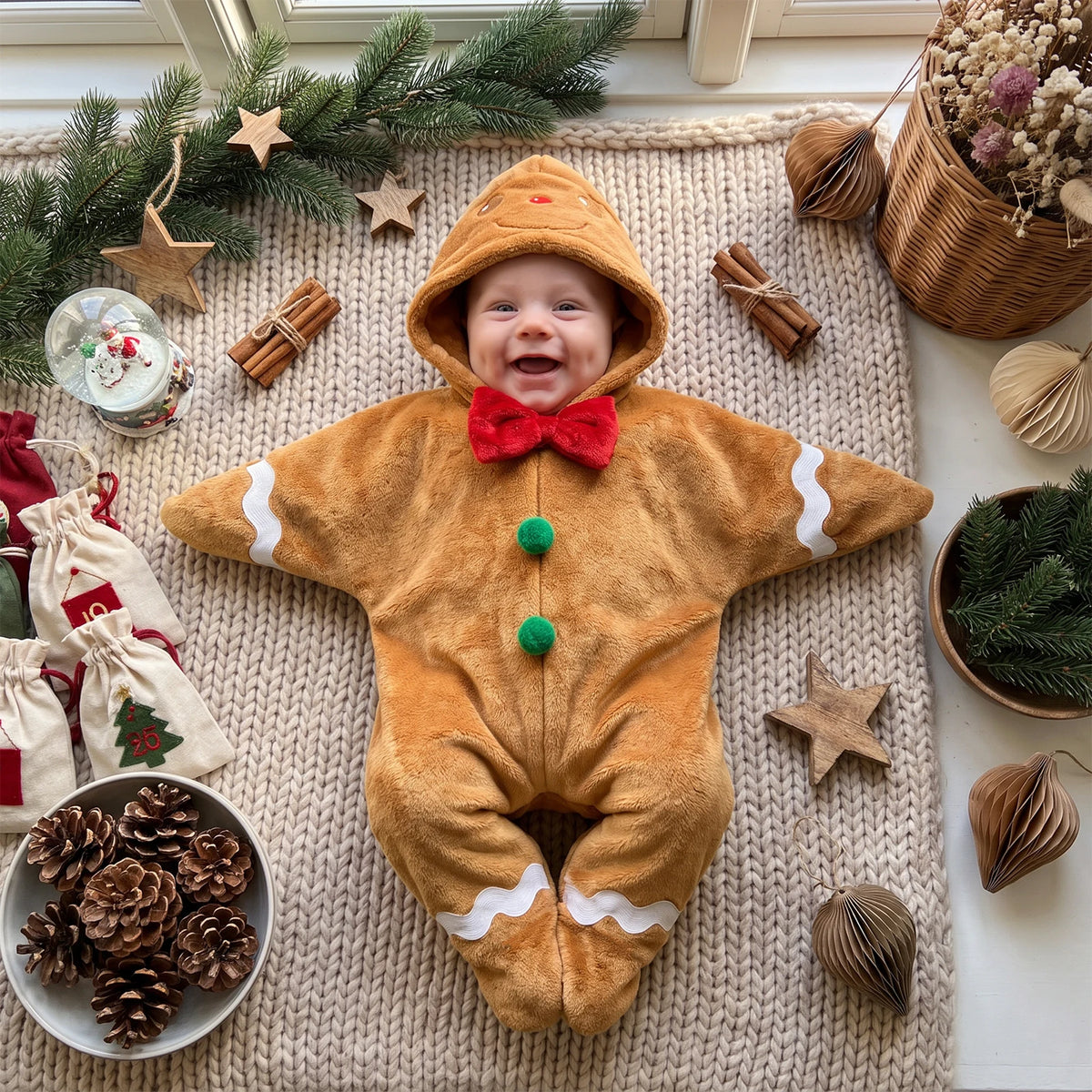 Baby wearing the gingerbread romper