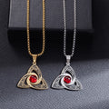 Celtic Trinity Knot necklace in gold and silver with red crystal centre