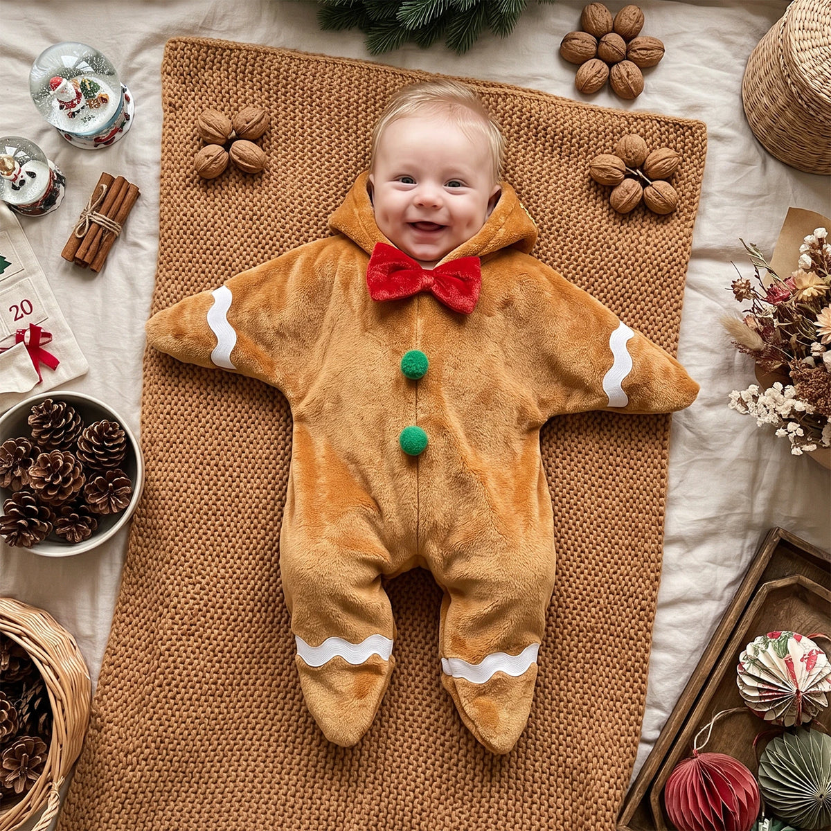 Baby in the gingerbread romper on a rug