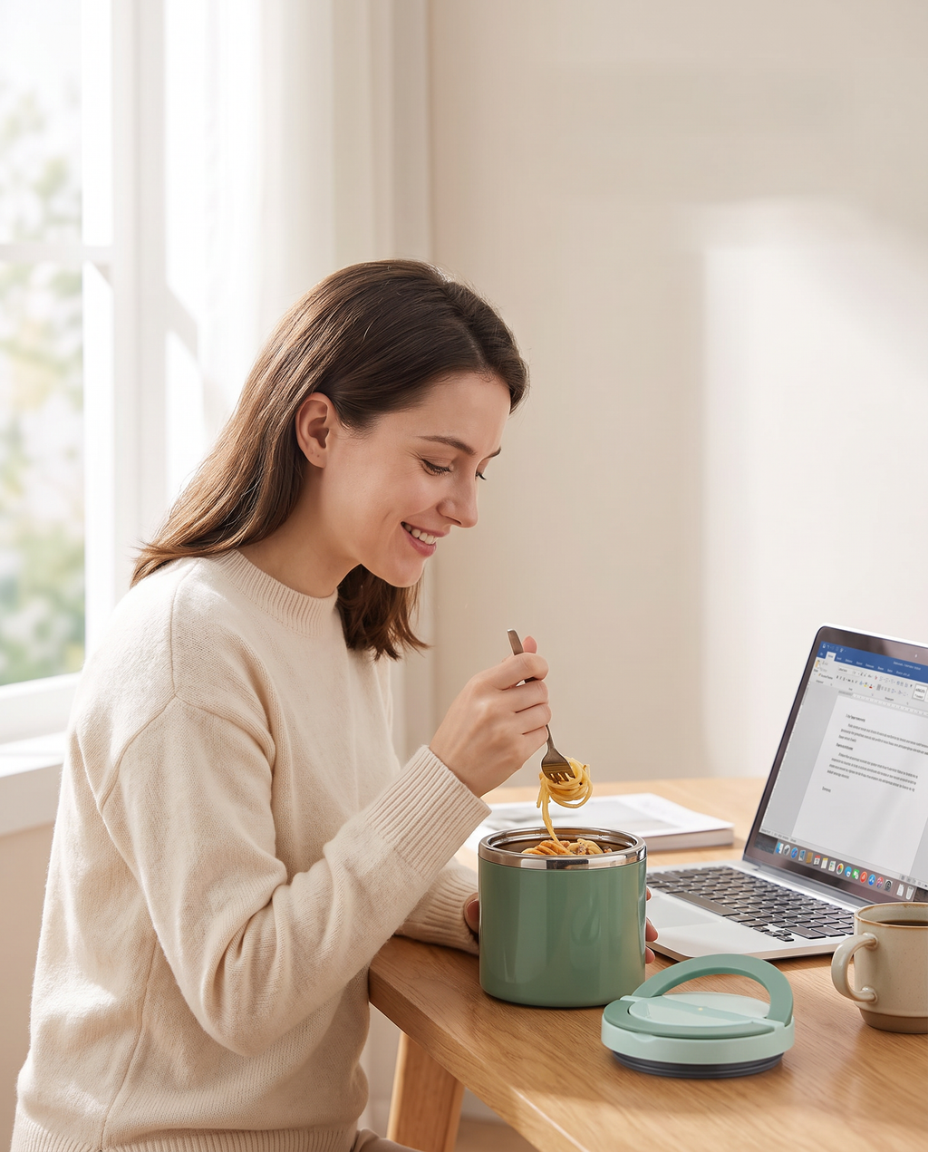 Woman eating lunch from the green jar at her desk