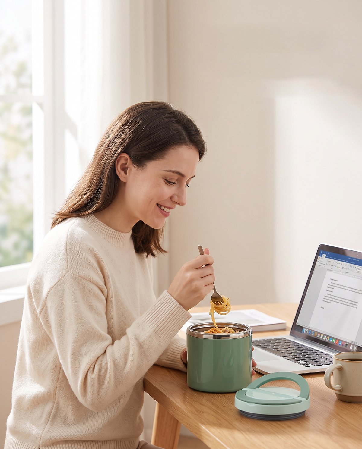 Woman eating lunch from the green jar at her desk