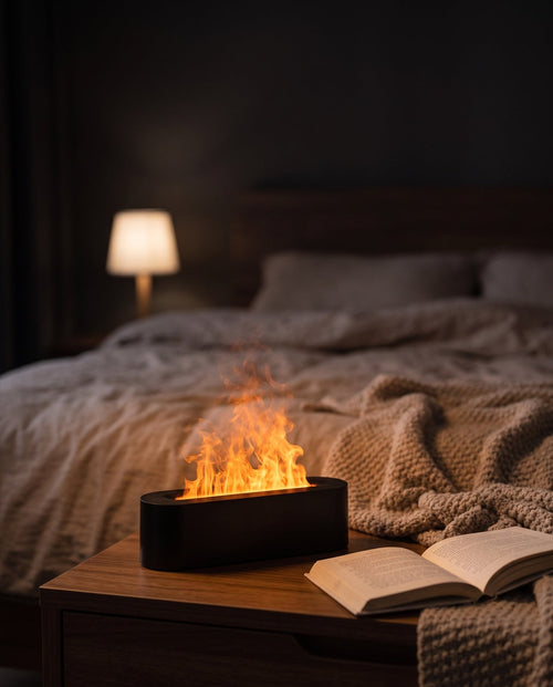 Flame diffuser on a bedside table in a dim bedroom