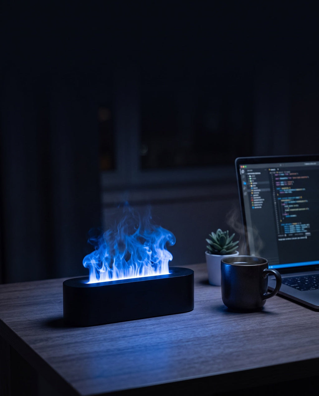 Flame diffuser on a desk set to the cool blue flame