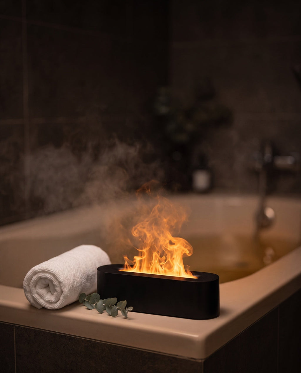 Flame diffuser beside a bath