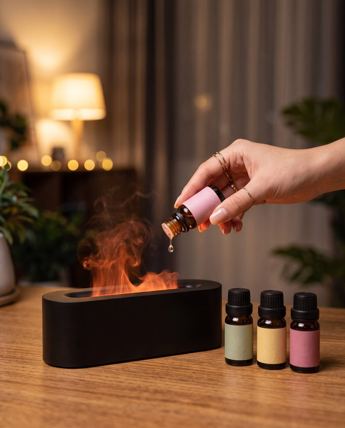 Four 10ml aroma oils included: rose, lemon, sakura and lily