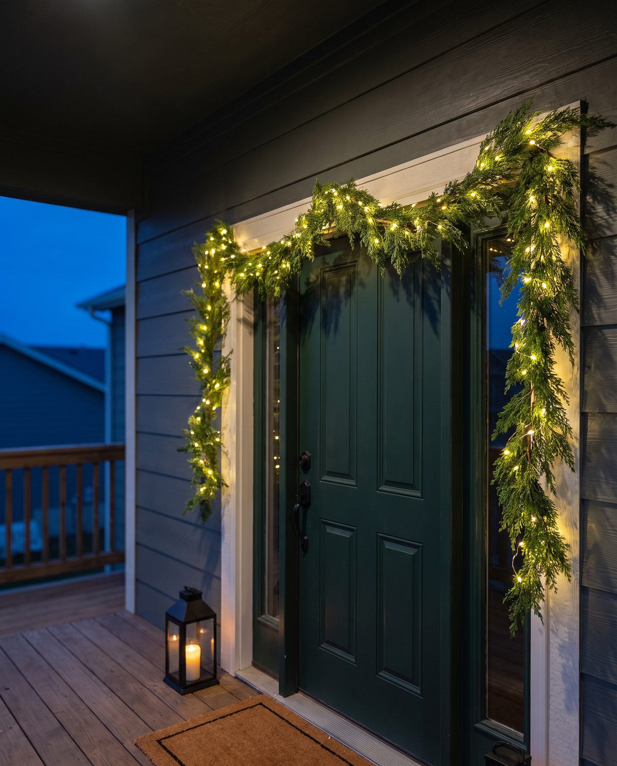 Cedar garland with fairy lights framing a front door on a porch