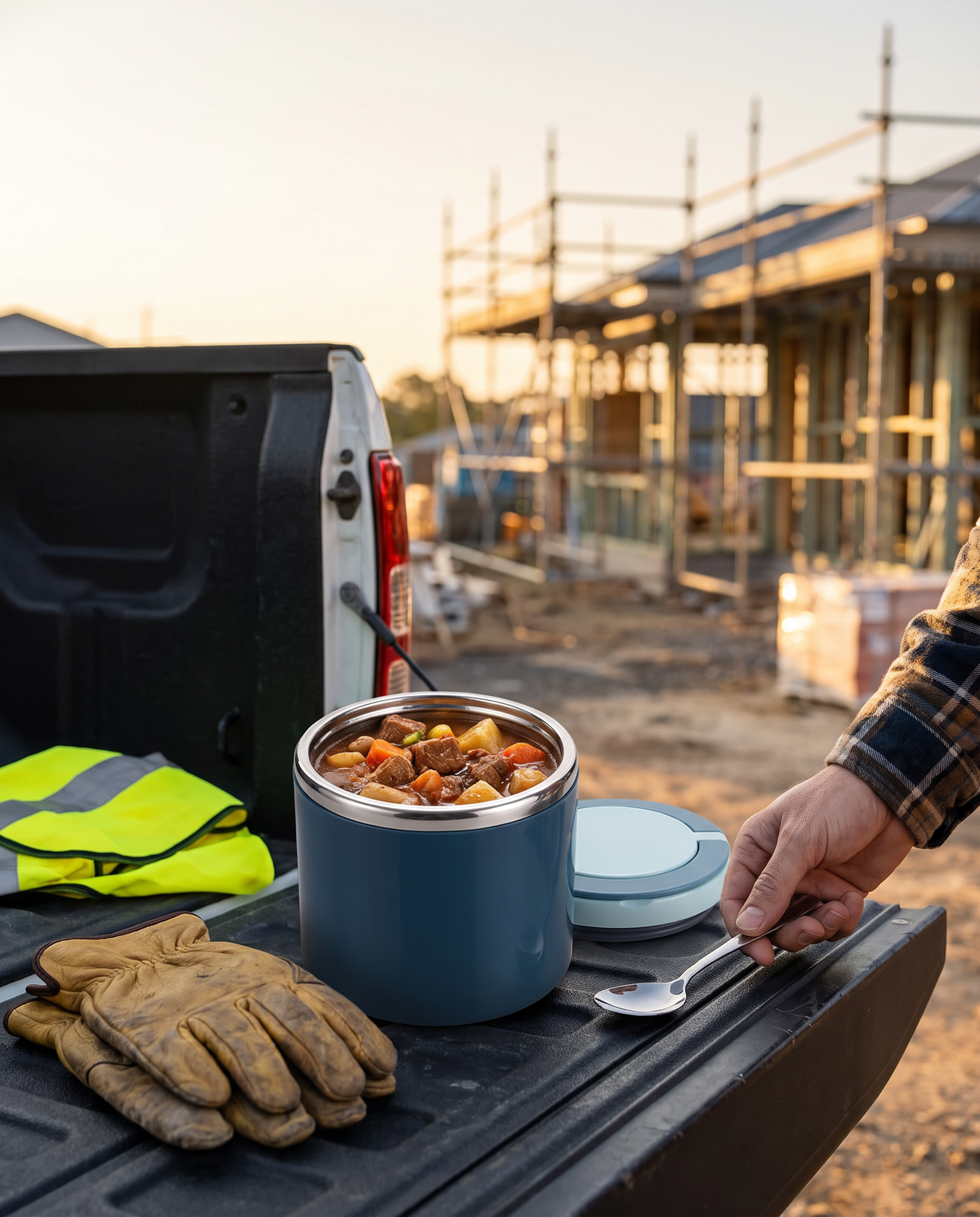 Blue lunch jar of stew on a pickup tailgate at a job site