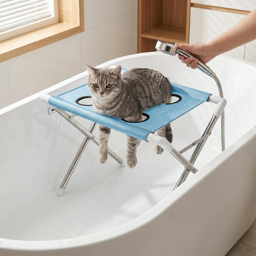 Tabby cat on the pet bath stand in a bathtub being gently rinsed