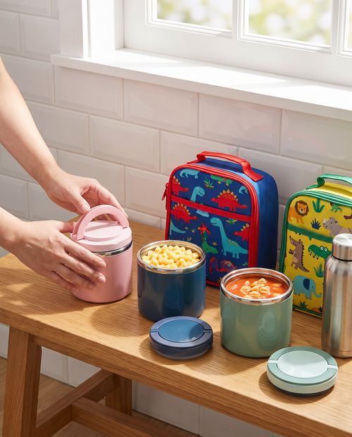 Pink, blue and green lunch jars packed with kids' lunches on a kitchen bench
