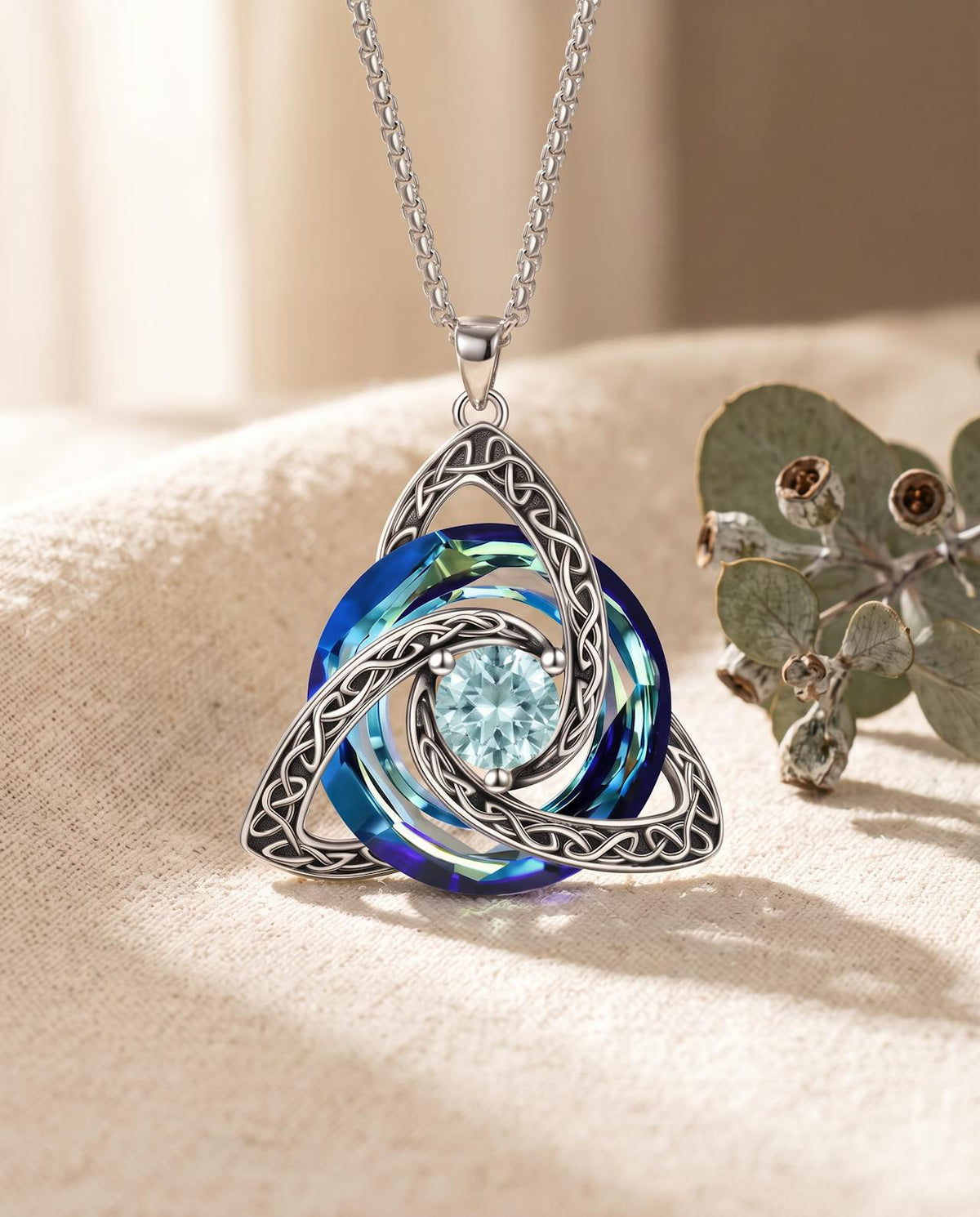 March light sea blue birthstone Celtic knot necklace