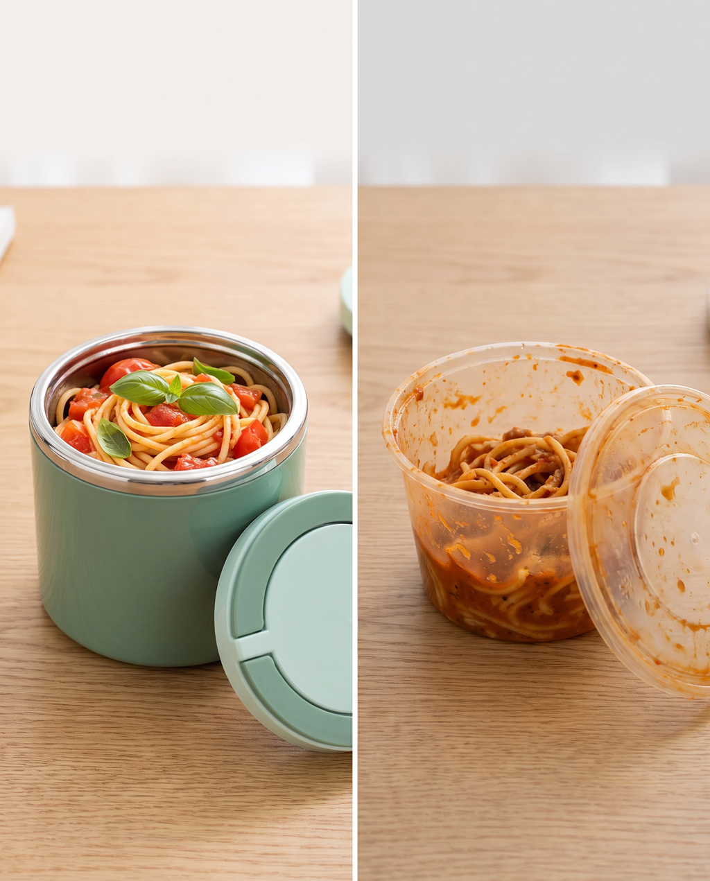 Stainless lunch jar of pasta next to a stained plastic takeaway tub