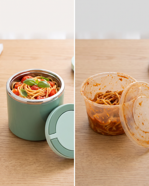 Stainless lunch jar of pasta next to a stained plastic takeaway tub