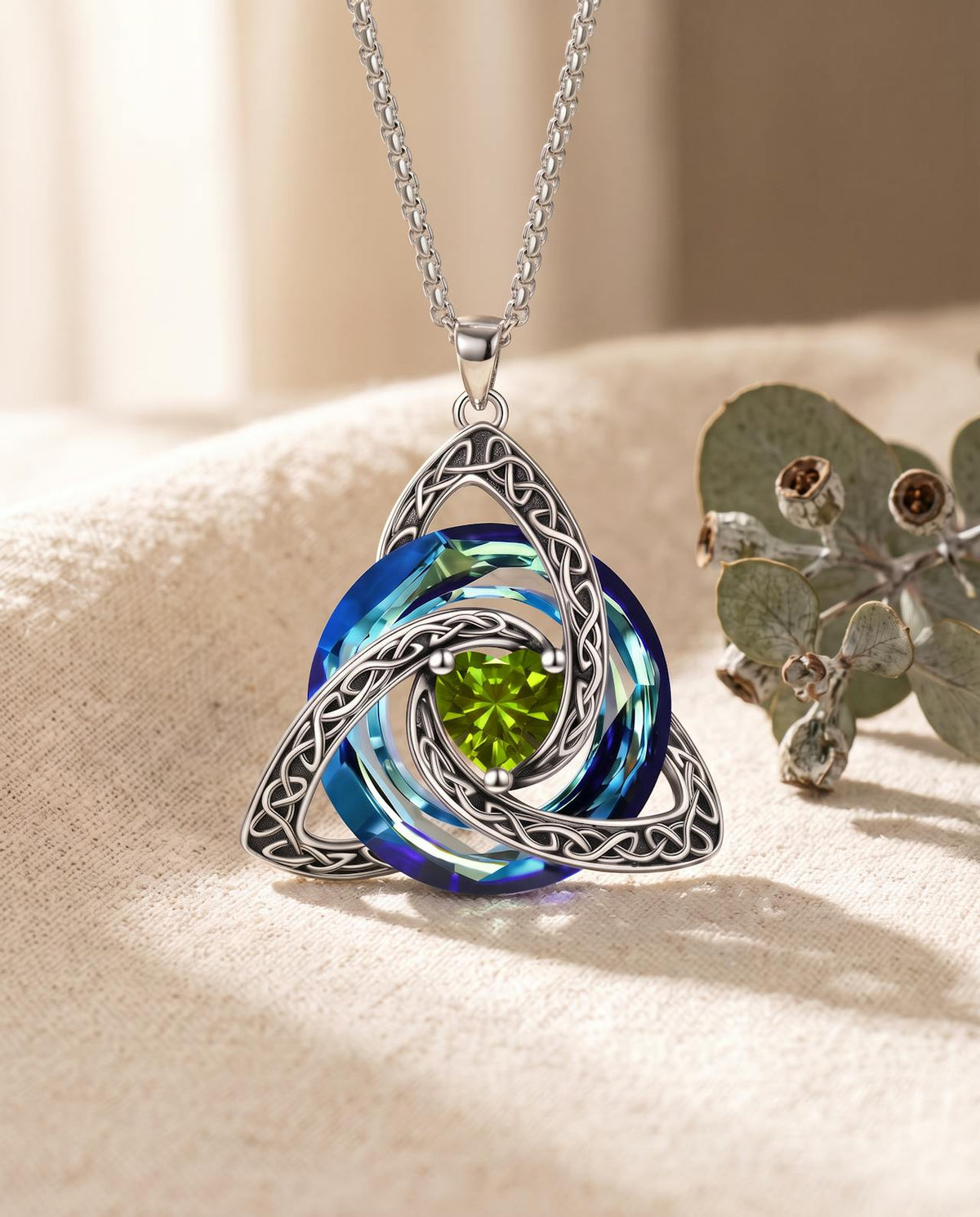August olive green birthstone Celtic knot necklace
