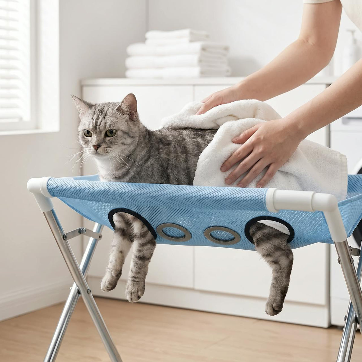 Cat being towel-dried on the pet bath stand