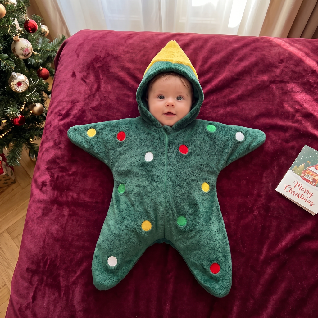Baby in the Christmas tree romper with a Merry Christmas card