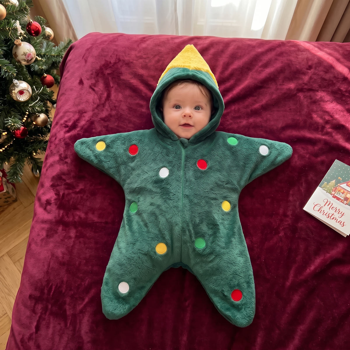 Baby in the Christmas tree romper with a Merry Christmas card