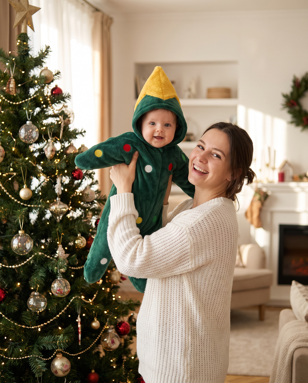 Mum holding her baby in the Christmas tree romper by the tree