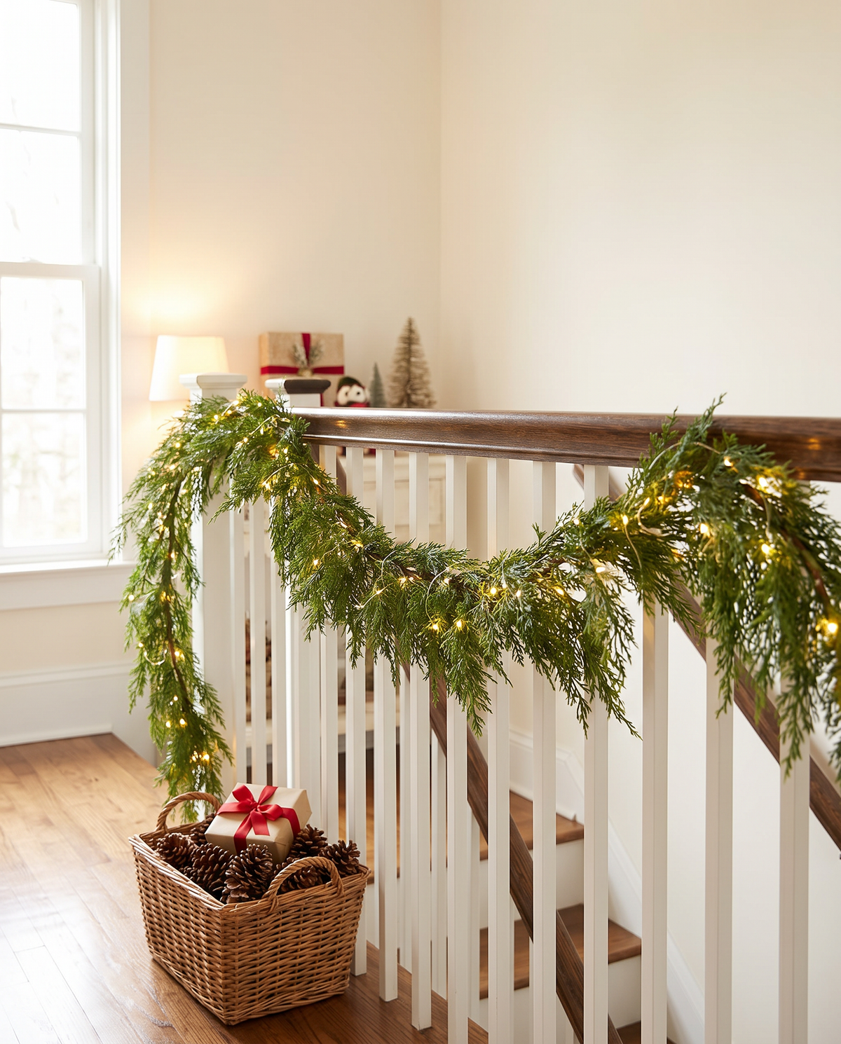 Cedar garland with fairy lights along a stair railing