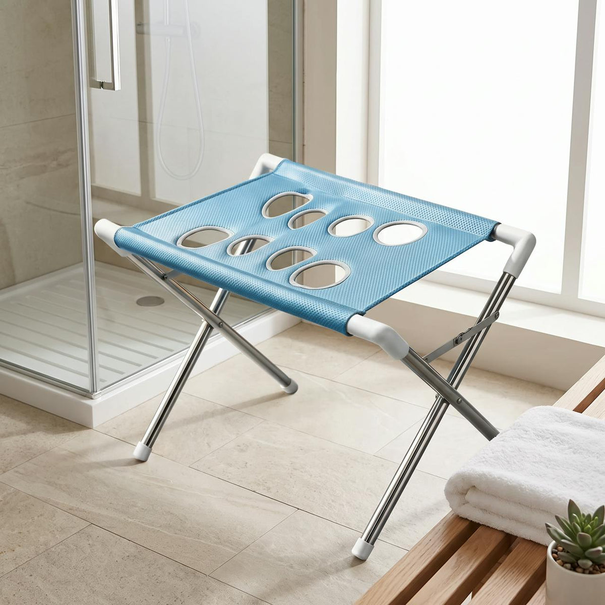 Pet bath stand folded out in a bright bathroom