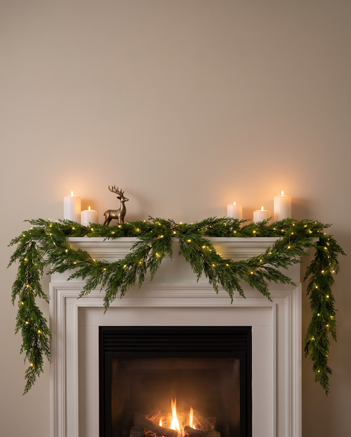 Cedar garland with warm fairy lights along a white fireplace mantel