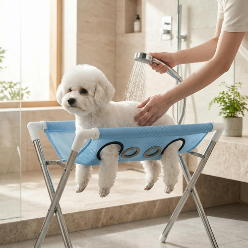 Small dog on the blue pet bath stand during a shower