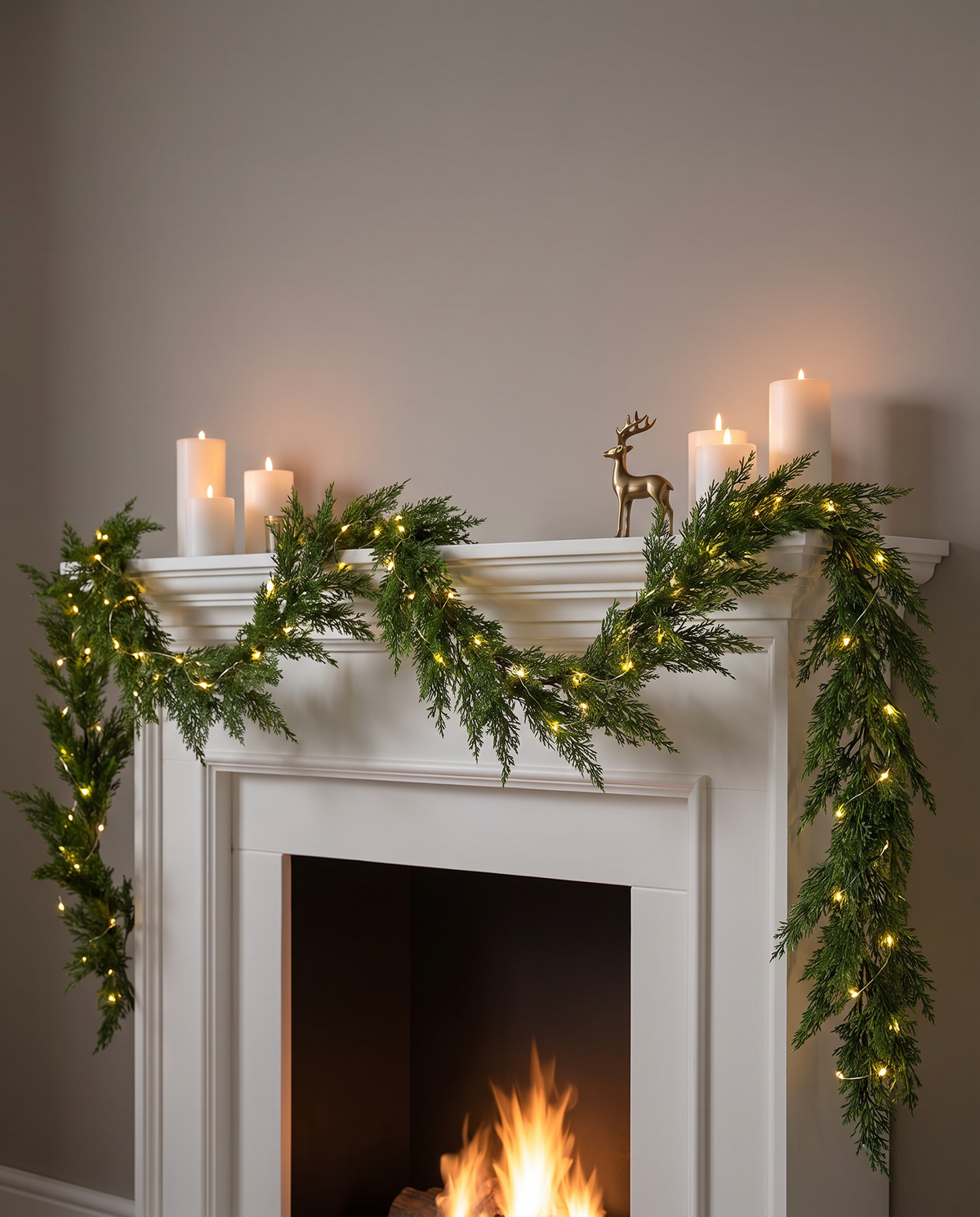 Cedar garland draped over a mantel and down one side