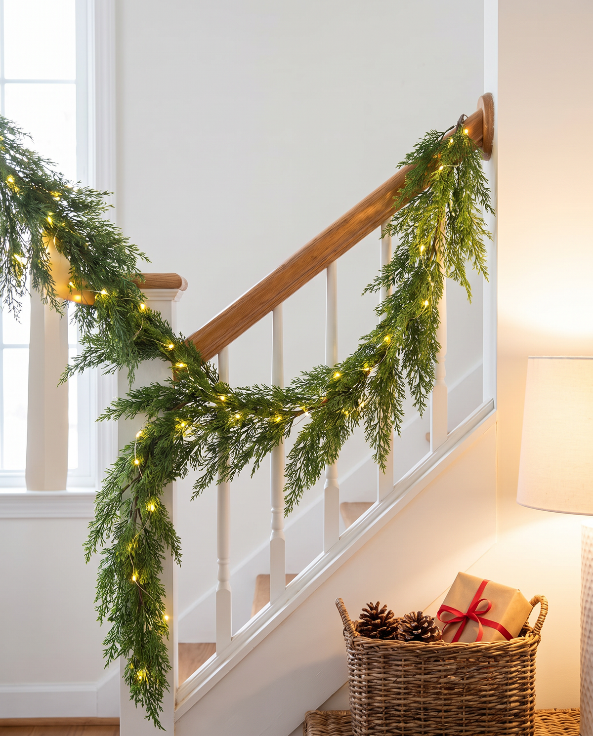Cedar garland with fairy lights on a staircase handrail