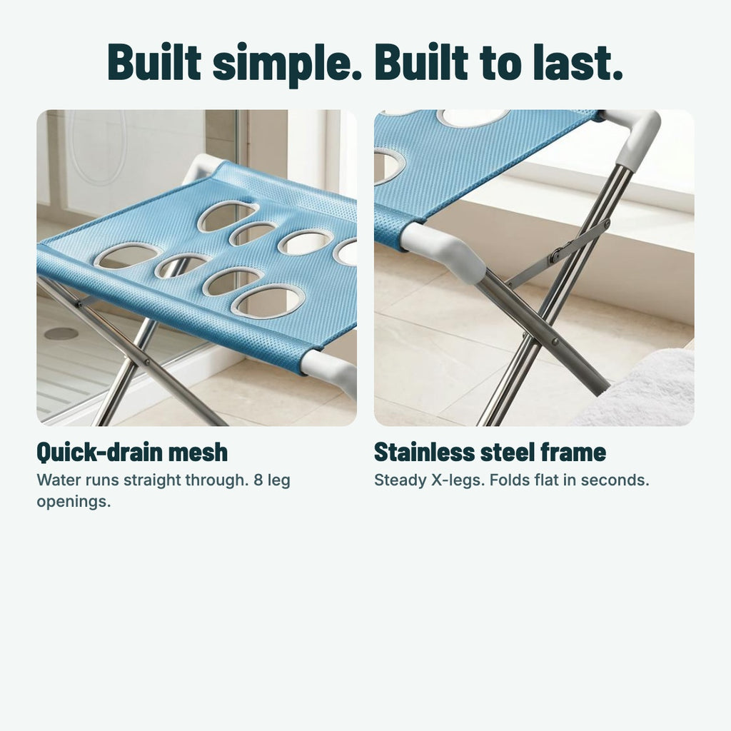Close-up of the quick-drain mesh and stainless steel frame
