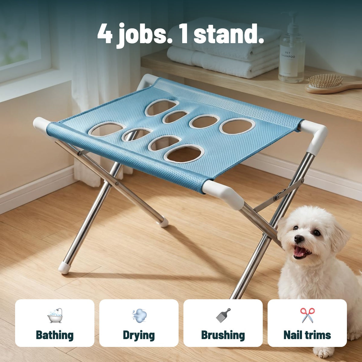 Use the pet bath stand for bathing, drying, brushing and nail trims