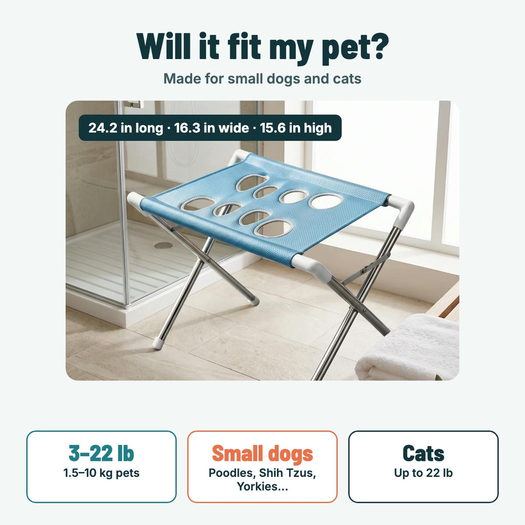 Pet bath stand size guide: fits small dogs and cats 3 to 22 lb